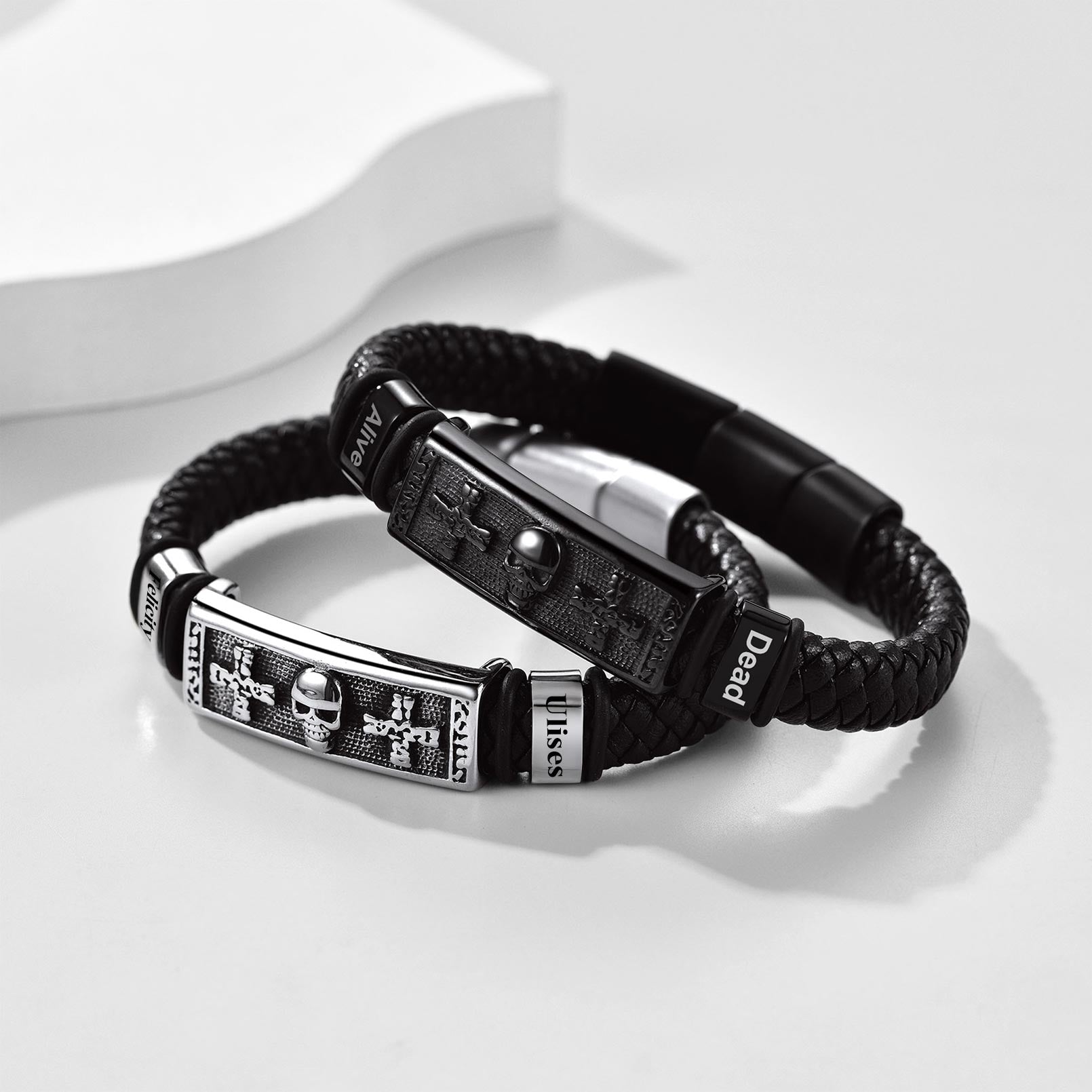 Personalized Engraved Leather Skull Cross Bracelet for Men