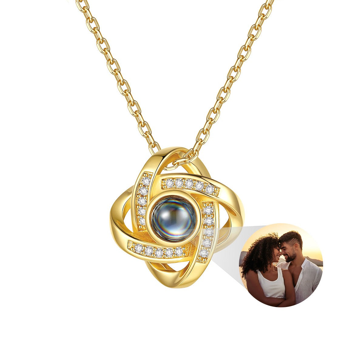 Custom Love Knot Photo Projection Necklace in Gold Plated