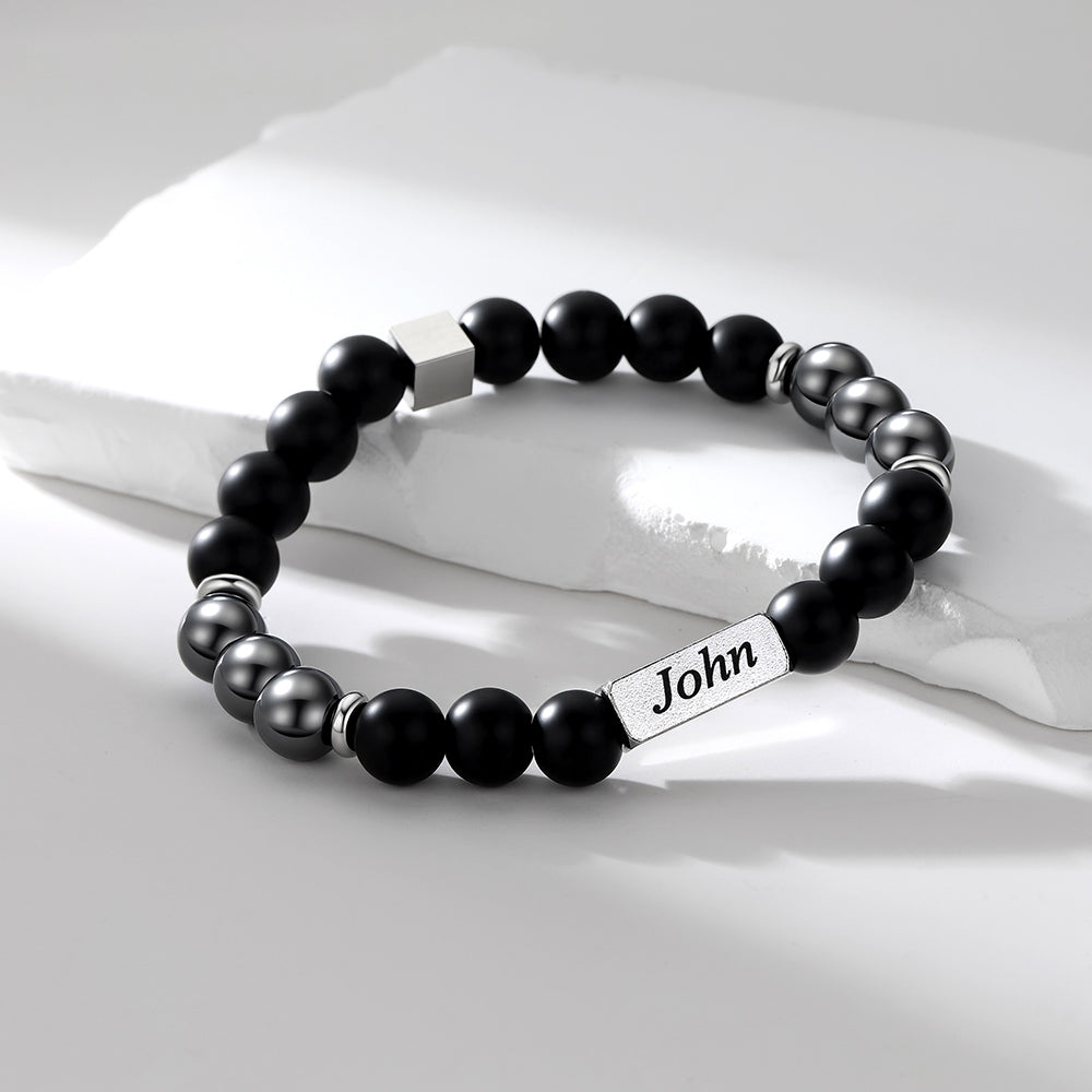 Custom Magnetic Hematite Beaded Bracelet for Men on a white background