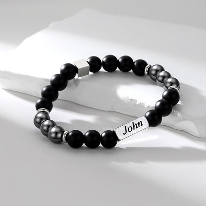 Custom Magnetic Hematite Beaded Bracelet for Men on a white background