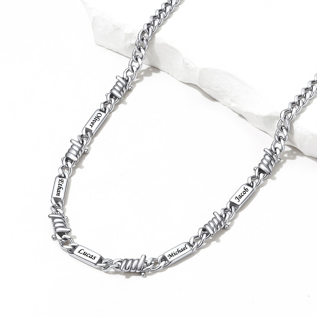 Custom Multi-Name Barbed Wire Cuban Link Necklace on a white background