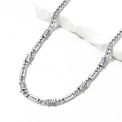 Custom Multi-Name Barbed Wire Cuban Link Necklace on a white background