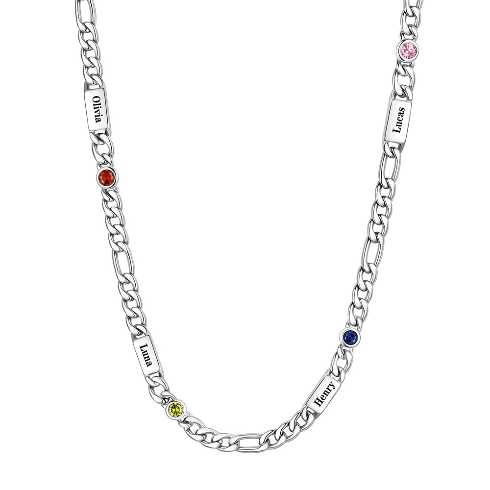 Custom Multi-Name Birthstone Figaro Chain Necklace on a whith background