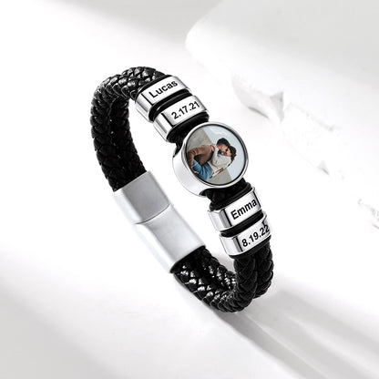 Custom Multi-Name Photo Double Layer Leather Bracelet for Men on a white background