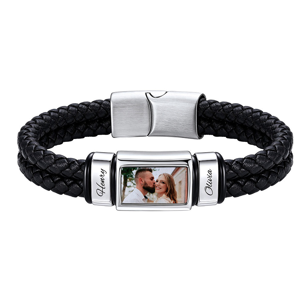 Custom Multi‑Name Photo Engraved Braided Leather Bracelet for Men on a white background