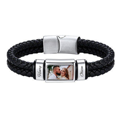 Custom Multi‑Name Photo Engraved Braided Leather Bracelet for Men on a white background