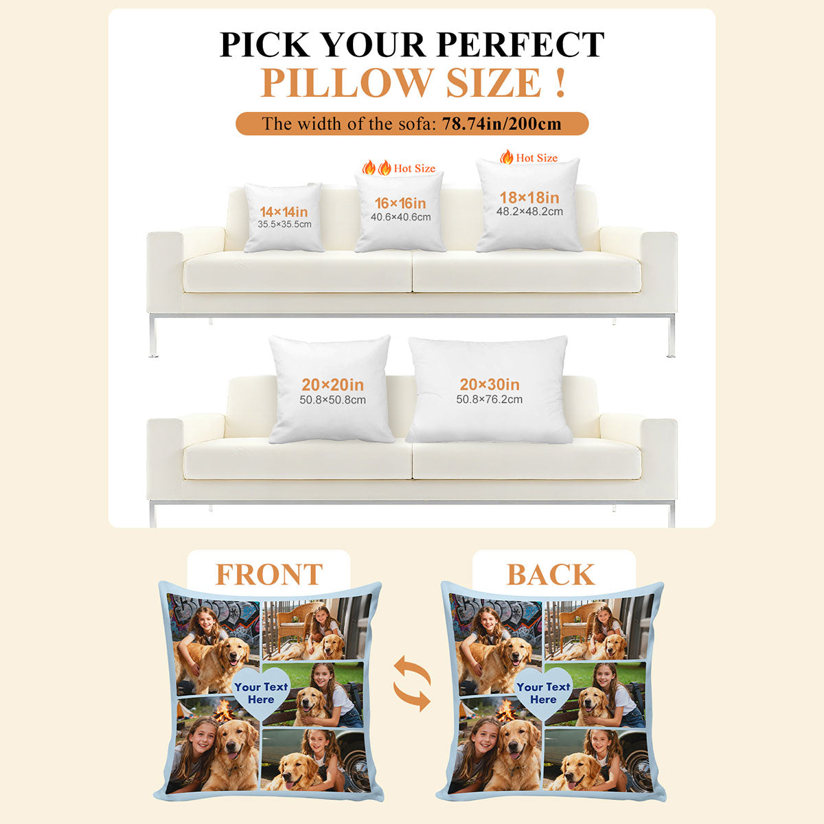 Custom Multi Photos Throw Pillow Dimension, Hypoallergenic