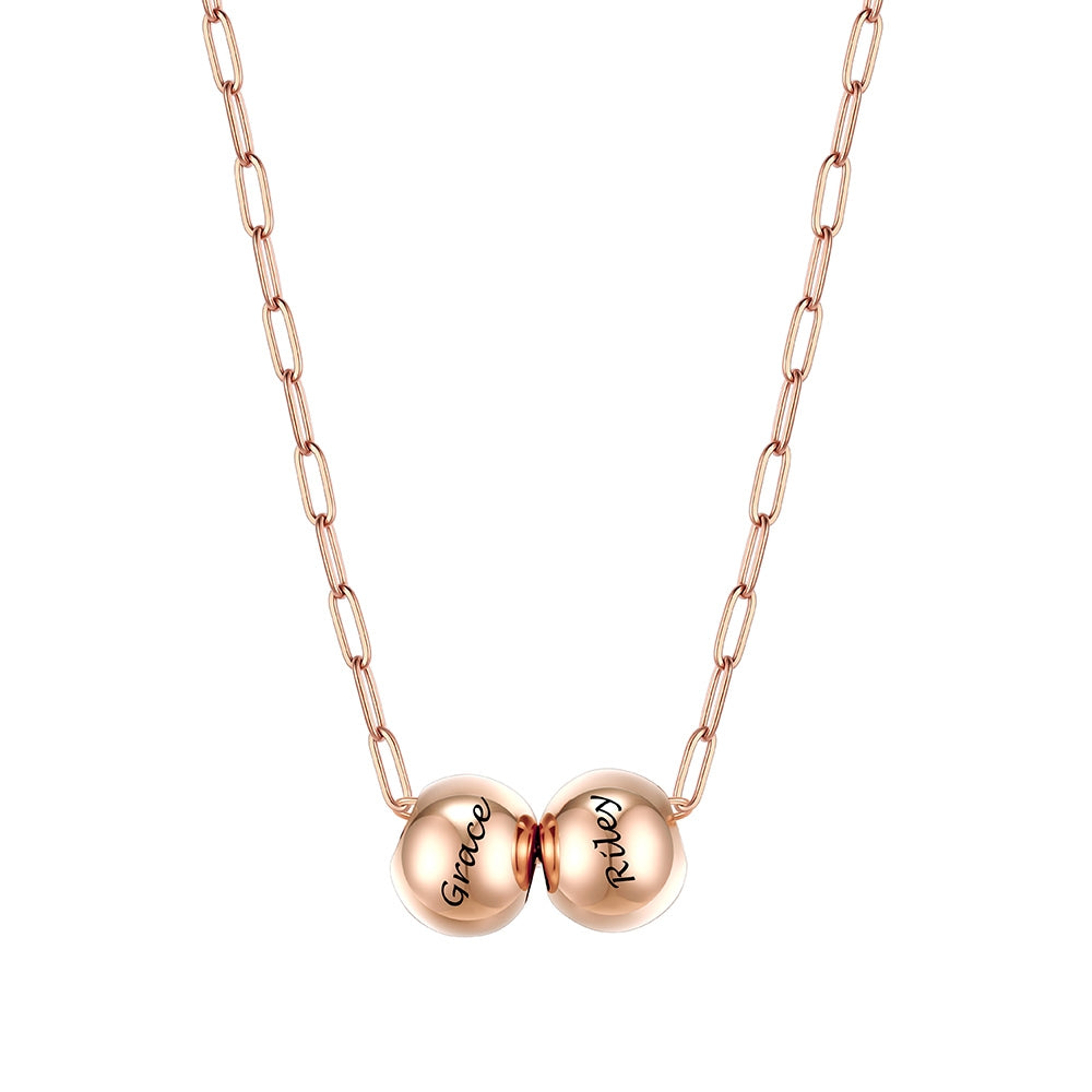 Custom Name 2 Bead Balls Necklace Rose Gold Plated