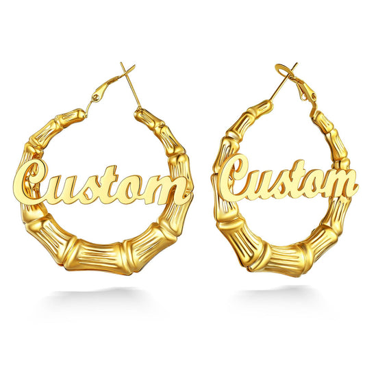 Custom Name Bamboo Hoop Earrings for Women