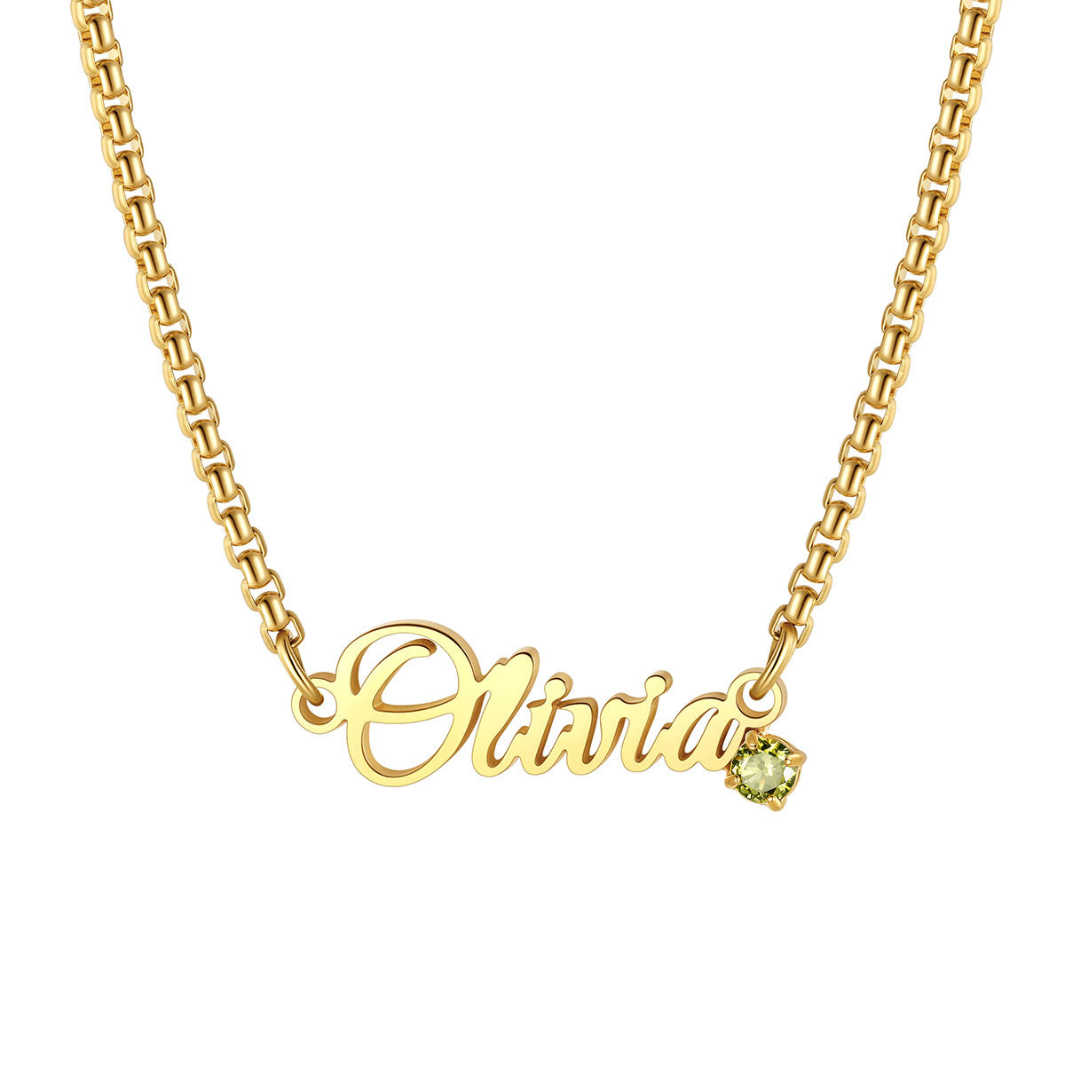 Custom Name Birthstone Box Chain Necklace on a white background