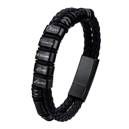 Custom Name Black braided bracelet with engraved names on a white background
