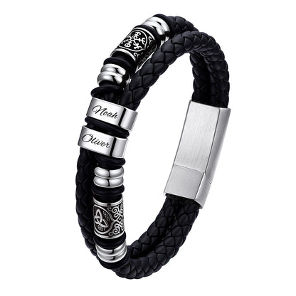 Custom Name Black braided leather bracelet with silver beads and engraved name on a white background