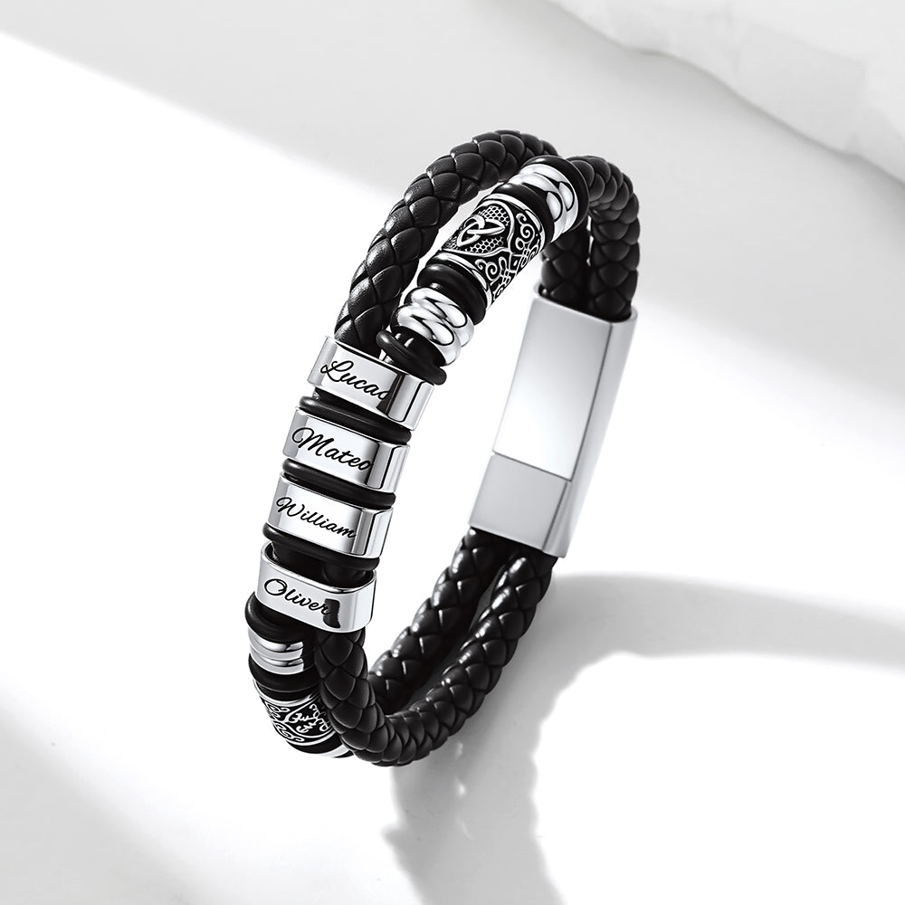 Custom Name Black braided leather bracelet with silver nameplates on a white background