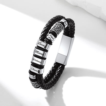 Custom Name Black braided leather bracelet with silver nameplates on a white background