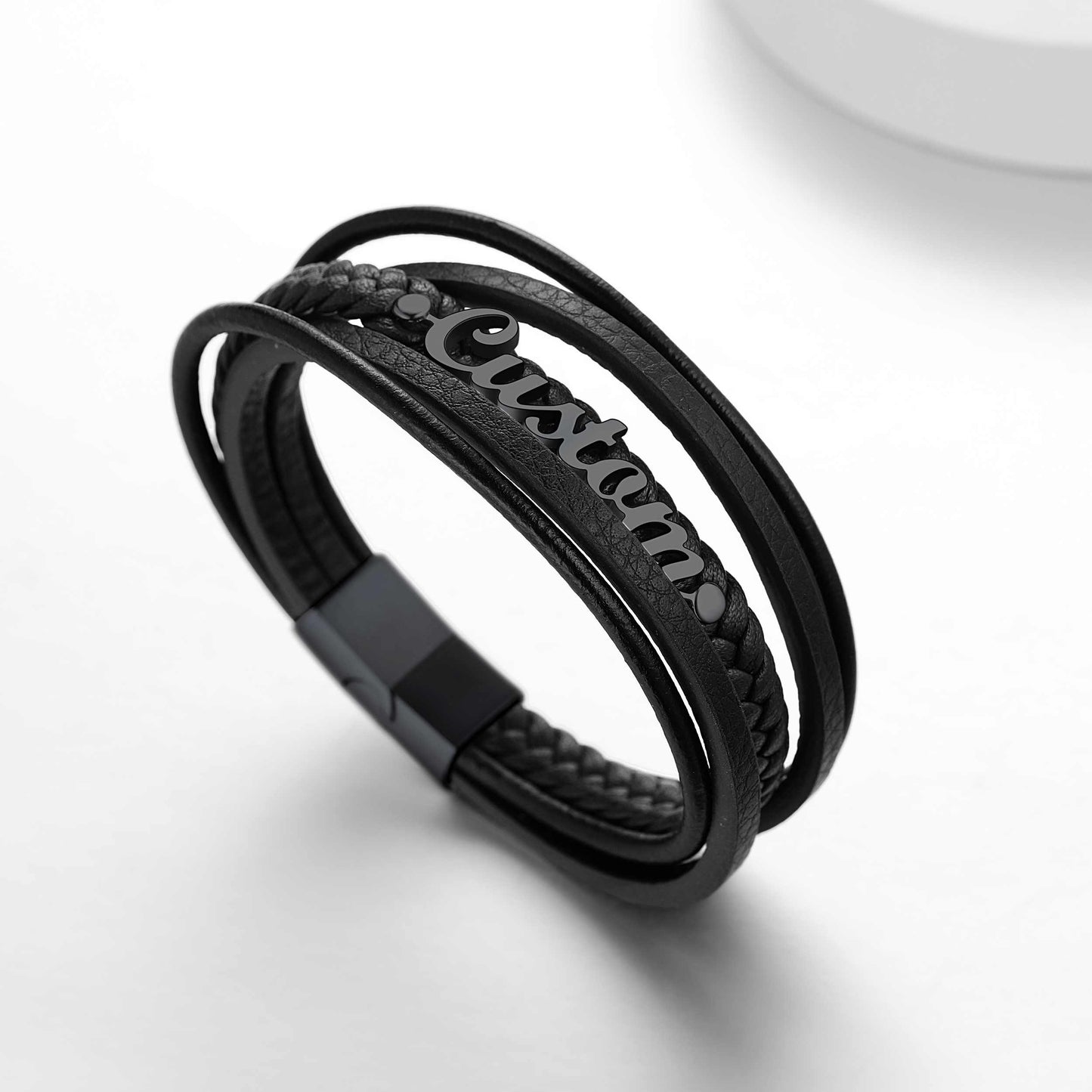 Custom Name Braided Leather Bracelet in black