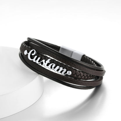 Custom Name Braided Leather Bracelet in brown