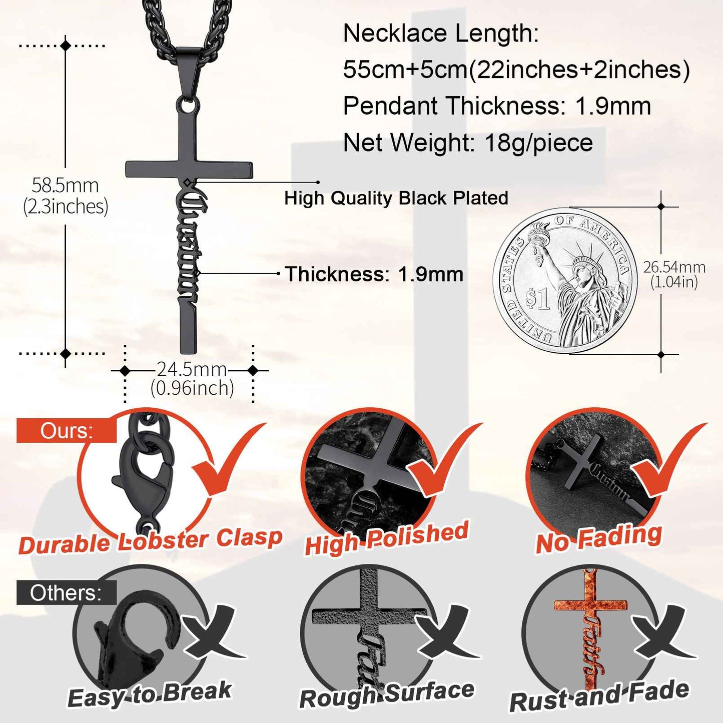 Custom Name Cross Necklace: Dimension, Solid, Durable