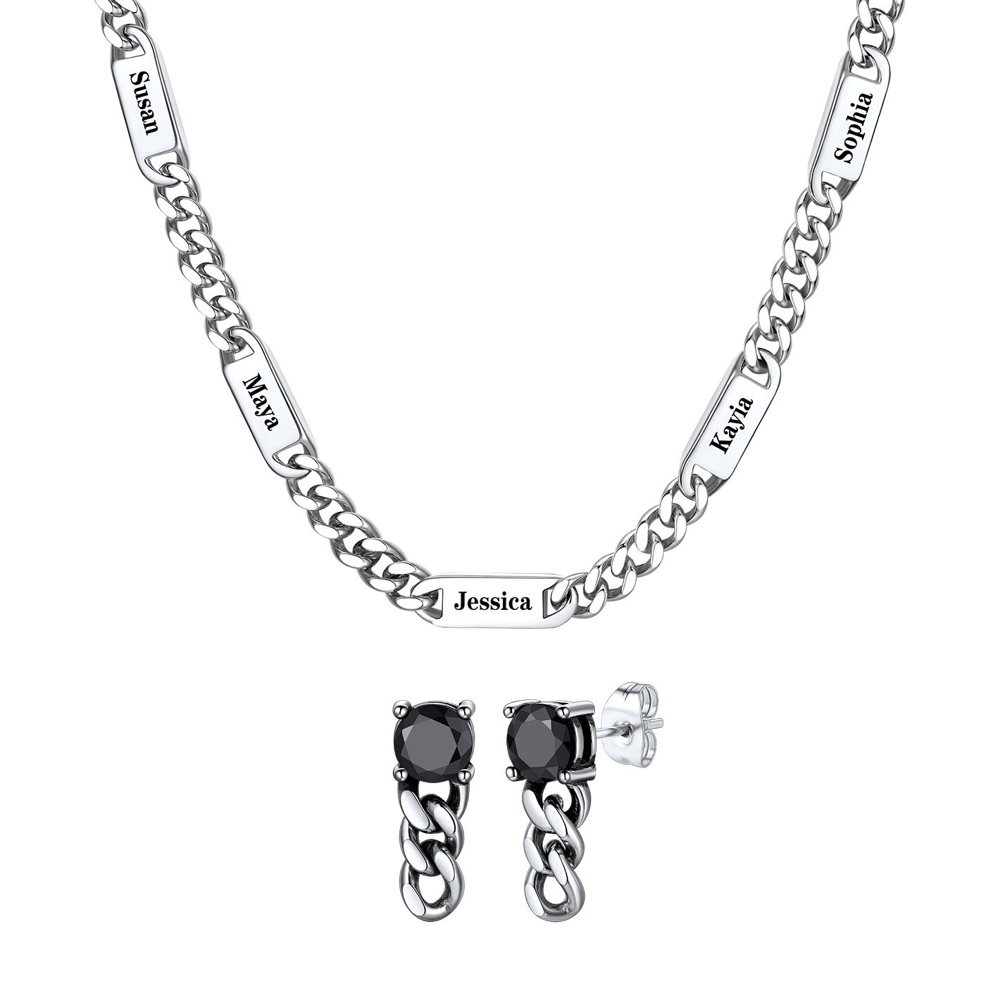 Custom Name Cuban Chain Necklace Earrings Set