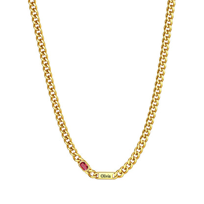 Custom Name Cuban Chain Necklace with 1 Birthstone Gold Plated
