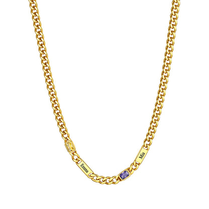 Custom Name Cuban Chain Necklace with 2 Birthstone Gold Plated