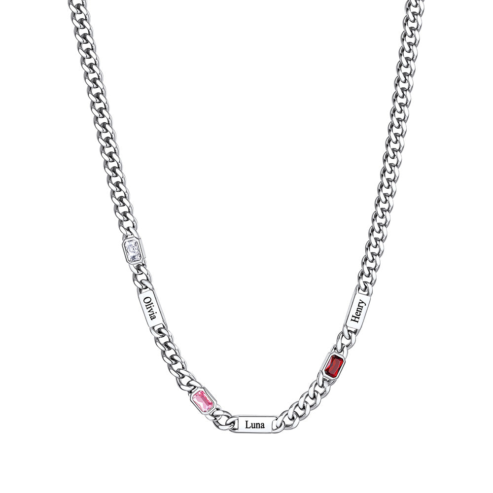 Custom Name Cuban Chain Necklace with 3 Birthstone