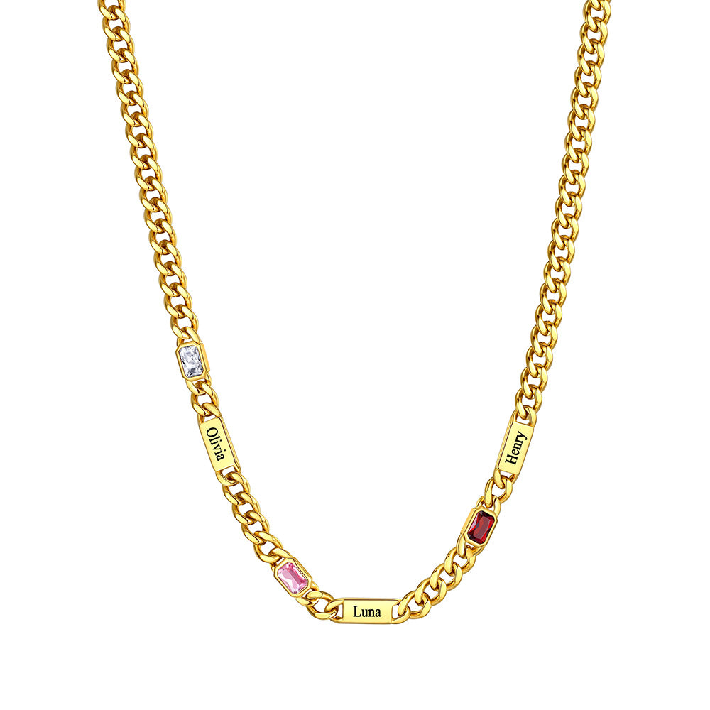 Custom Name Cuban Chain Necklace with 3 Birthstone Gold Plated