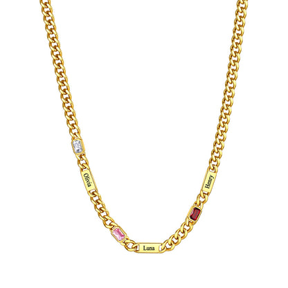 Custom Name Cuban Chain Necklace with 3 Birthstone Gold Plated