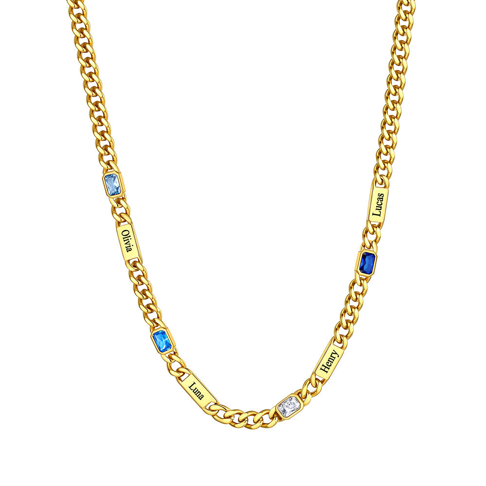 Custom Name Cuban Chain Necklace with 4 Birthstone Gold Plated