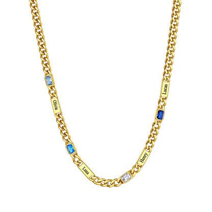 Custom Name Cuban Chain Necklace with 4 Birthstone Gold Plated