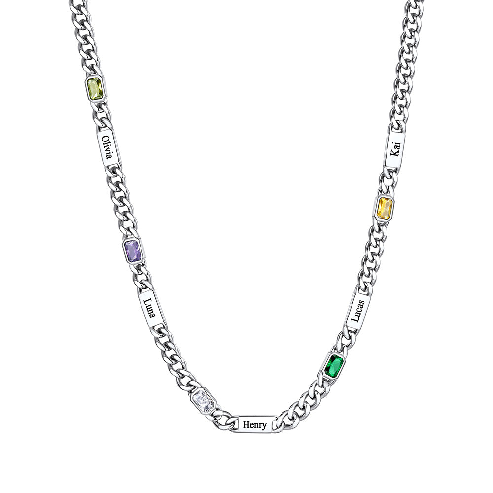 Custom Name Cuban Chain Necklace with 5 Birthstone