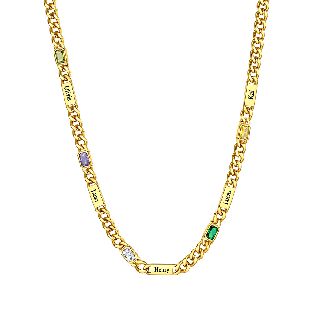 Custom Name Cuban Chain Necklace with 5 Birthstone Gold Plated