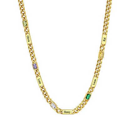 Custom Name Cuban Chain Necklace with 5 Birthstone Gold Plated