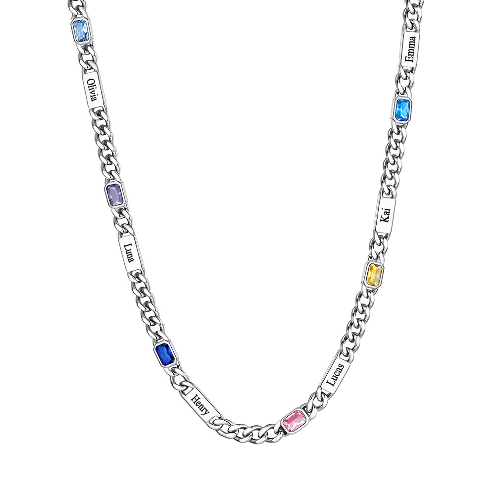 Custom Name Cuban Chain Necklace with 6 Birthstone