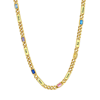 Custom Name Cuban Chain Necklace with 6 Birthstone Gold Plated