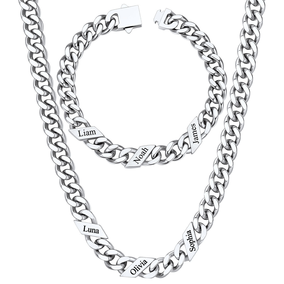 Custom Name Cuban Link Necklace Bracelet Set 1-6 Names on a white background