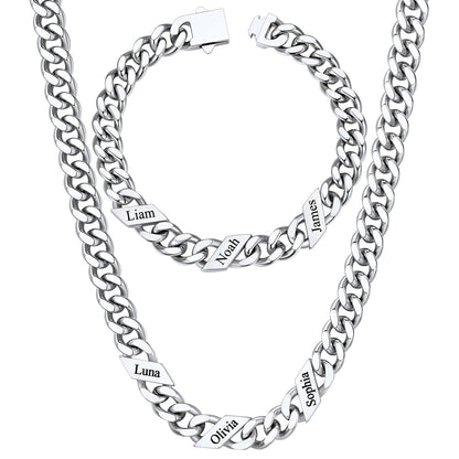 Custom Name Cuban Link Necklace Bracelet Set 1-6 Names on a white background