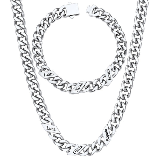 Custom Name Cuban Link Necklace Bracelet Set 1-6 Names on a white background