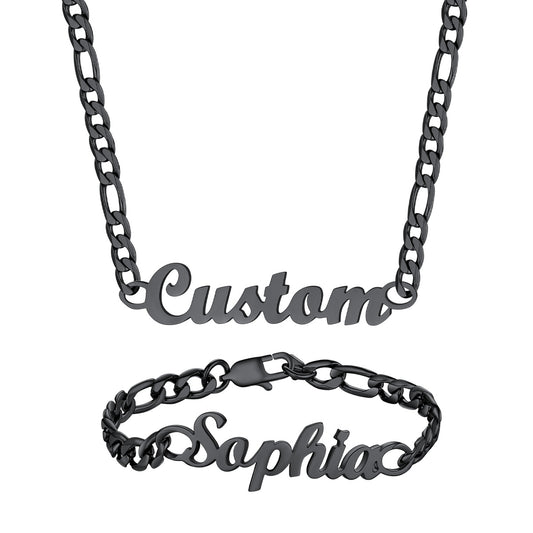 Custom Name Figaro Chain Necklace Bracelet Set Black Plated
