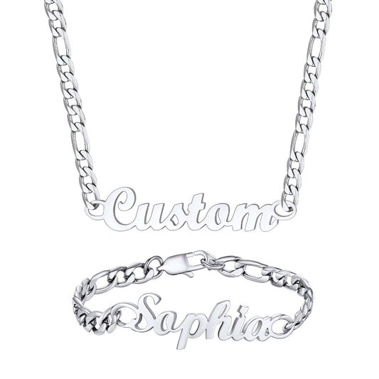 Custom Name Figaro Chain Necklace Bracelet Set for Men