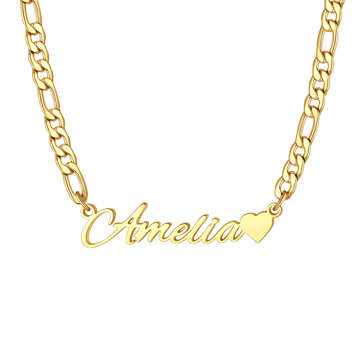 Custom Name Figaro Chain Necklace with Mini Heart on a white background