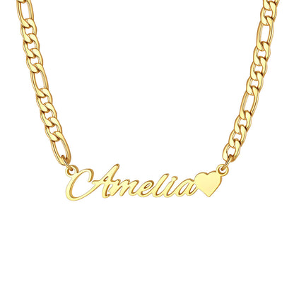 Custom Name Figaro Chain Necklace with Mini Heart on a white background