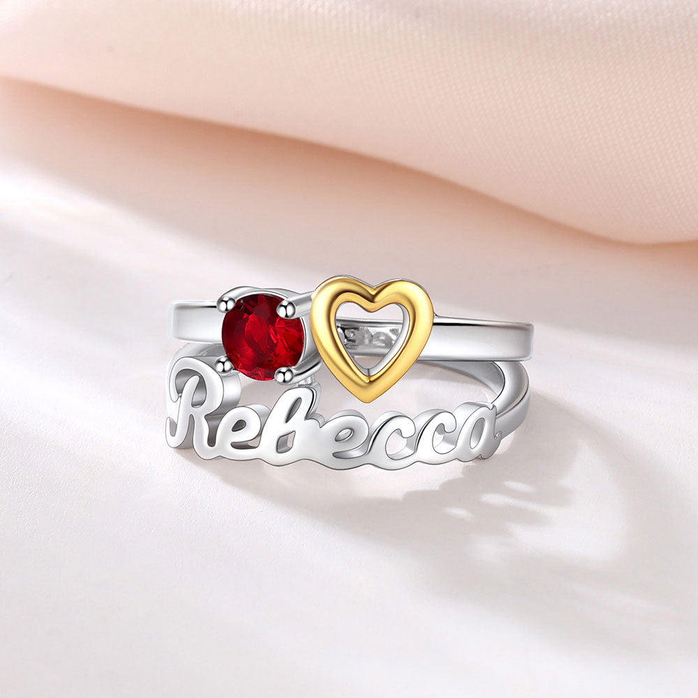 Custom Name Heart Birthstone Rings