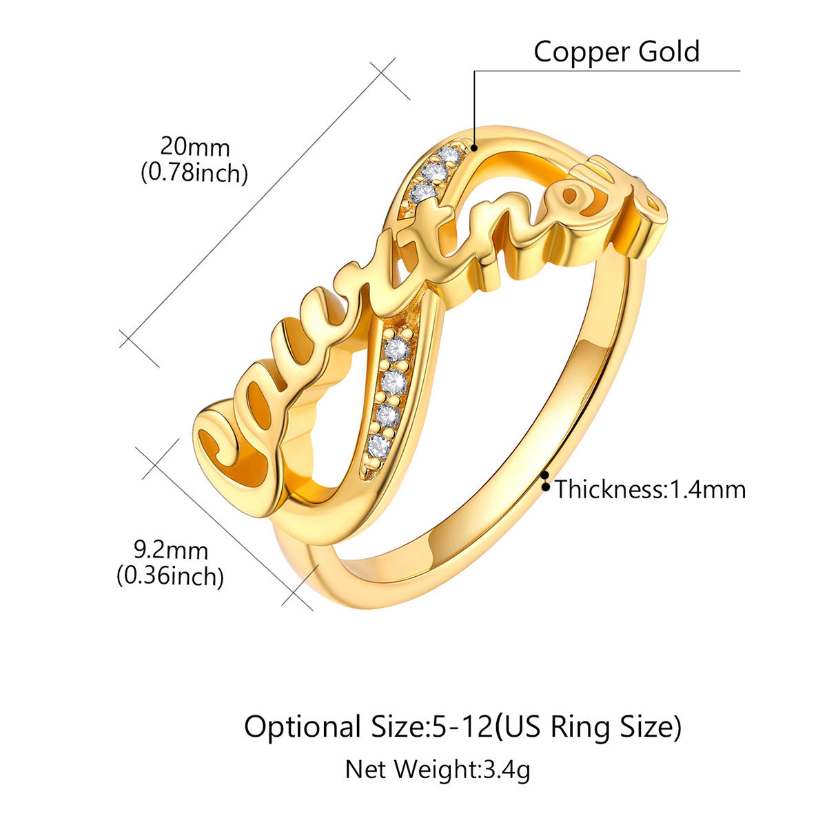 Custom Name Infinity Promise Ring With Cubic Zirconia Dimension, Detail