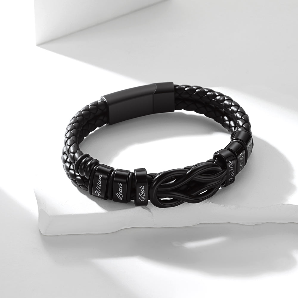 Custom Name Love Knot Black braided leather bracelet with metal beads on a white background