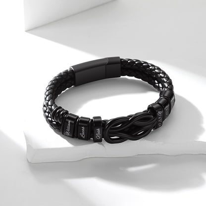 Custom Name Love Knot Black braided leather bracelet with metal beads on a white background