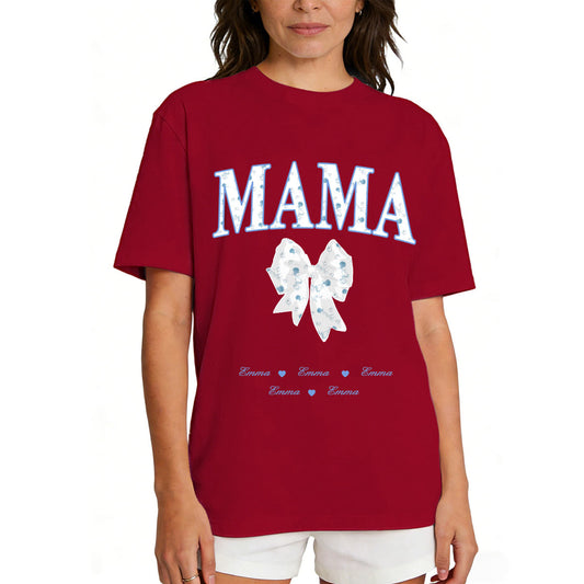 Custom Name Mom Bow T Shirt with 1-6 Names Red