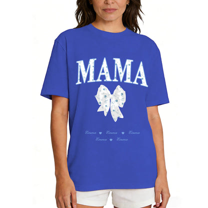 Custom Name Mom Bow T Shirt with 1-6 Names royal blue