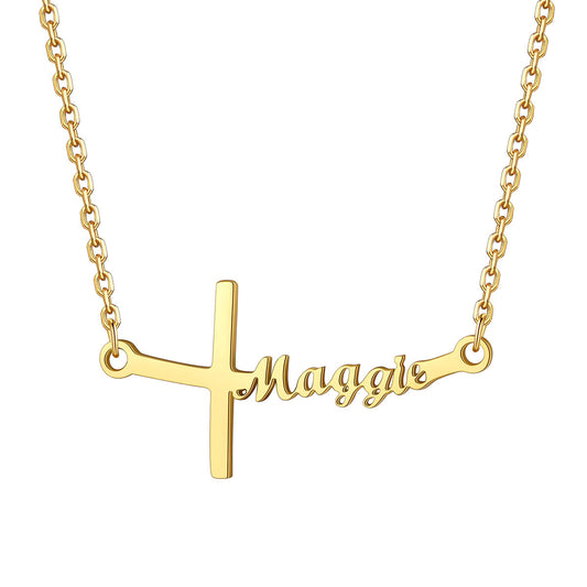 Custom Name Sideways Cross Necklace for Women