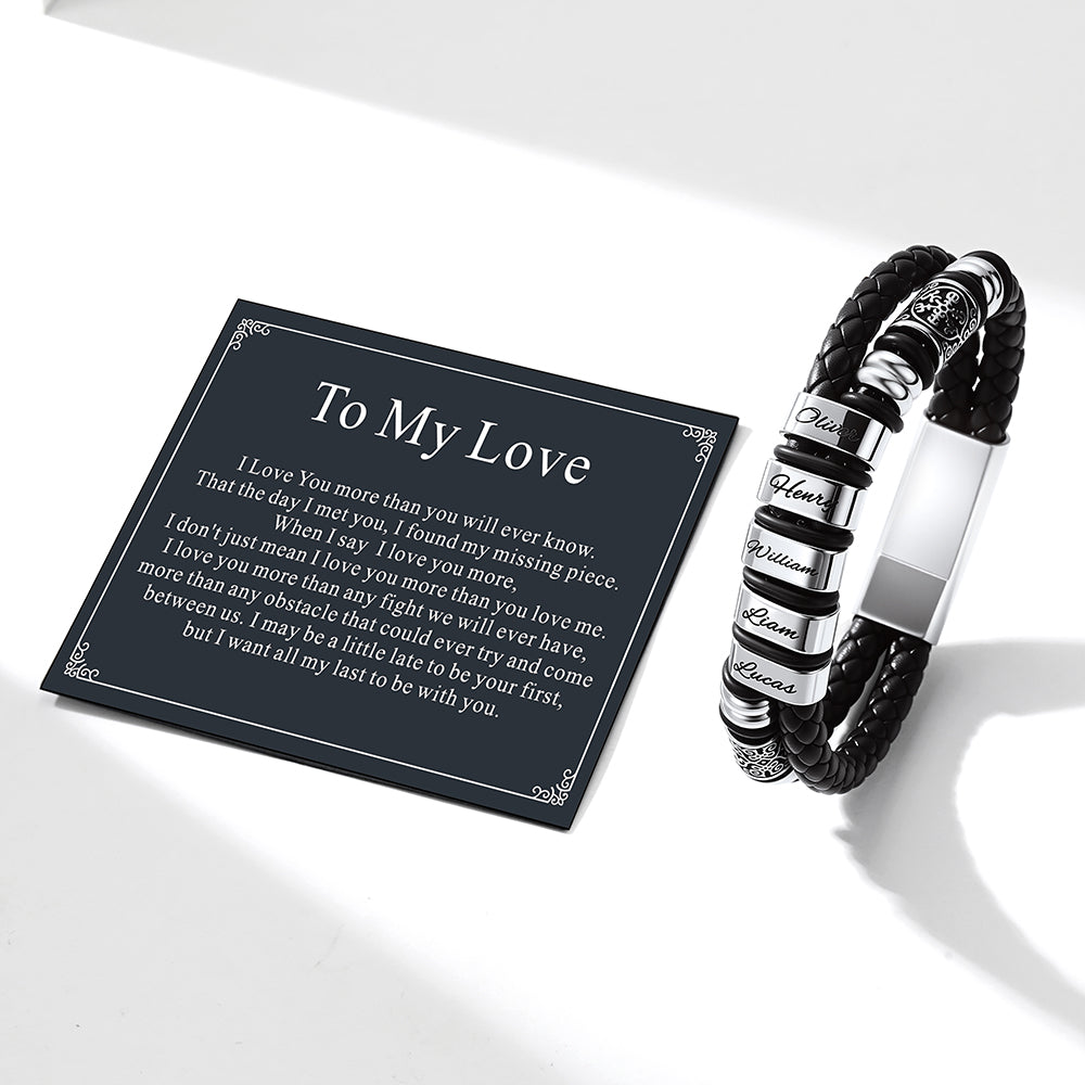 Custom Name Viking Leather Bracelet with engraved text and a card labeled 'To My Love' on a white background