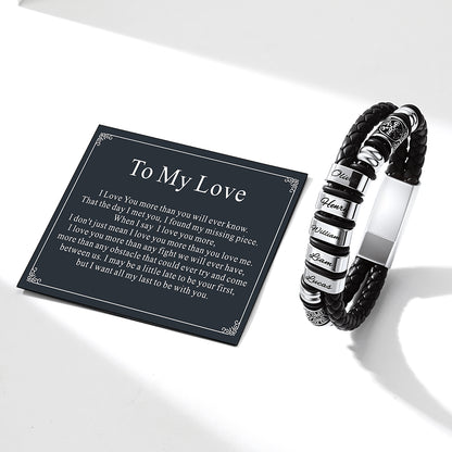 Custom Name Viking Leather Bracelet with engraved text and a card labeled 'To My Love' on a white background